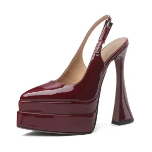Elegant Burgundy Patent Genuine Leather Slingback Platform Heels for Women Chengdu Customized Lady Shoes