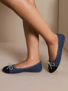 Elegant Color Block Denim Flat Shoes Sparkly Rhinestone Bow Ballet Flats for Women