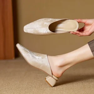 Elegant Cowhide Leather Mules for Women Square Toe Mid Block Heel Slides With Sheepskin Insole Breathable Sandals