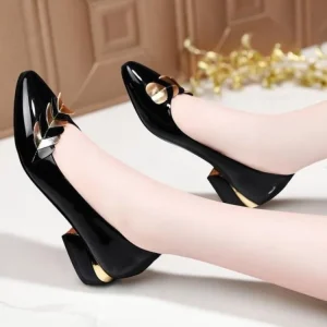 Elegant Fashion Women’s Gold Leaf Accent Dress Pumps Square Low Heel Patent Leather Wedding Office Shoes