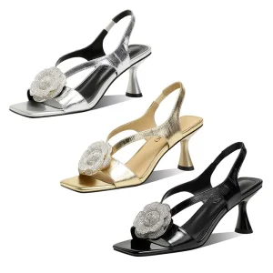Elegant Glossy Leather Women’s Sandals with Flared Kitten Heel Ankle Strap Slingback Heels Sexy Floral Style