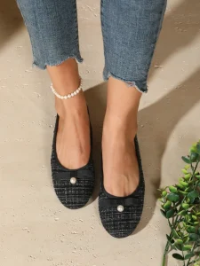 Elegant Ladies Check Tweed Flat Shoes Faux Pearl Bow Front Design Breathable Non-Slip Casual Walking Dress Footwear