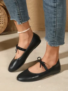 Elegant Ladies Glossy Leather Bow Mary Jane Flats Lightweight Slip On Non-Slip Casual Walking Daily Dress Flat Footwear