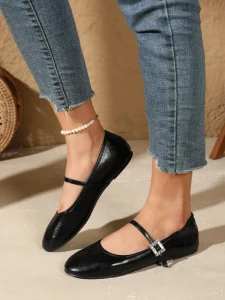 Elegant Ladies Glossy Leather Mary Jane Shoes Sparkly Crystal Buckle Strap Lightweight Slip On Casual Walking Flats