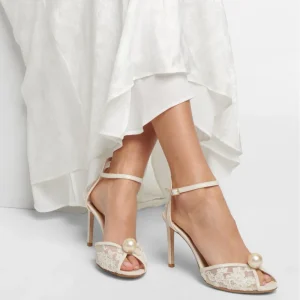 Elegant Luxury Designer Women’s Ankle Stiletto Sandals Pearl Accented Wedding Banquet High Thin for Summer Bridal Shoes