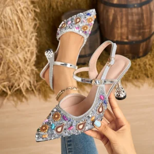 Elegant Modern Point Toe Silver Glitter Ethnic Beads Decor Unique Metallic 8.5cm High Heel Slingback Pumps for Women
