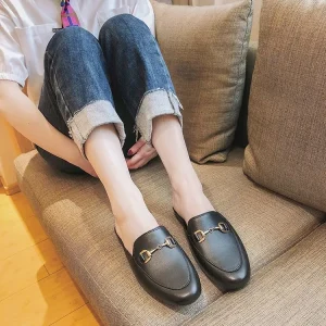 Elegant Mules Women Closed Toe PU Leather Casual Slippers Ladies Summer Flats Slides Shoes Slip On Outdoor Shoes