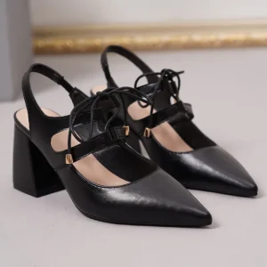 Elegant Office Lady Pointed Toe Chunky Heel Pumps Black Slingback Lace Up High Heels Women’s Formal Party Shoes