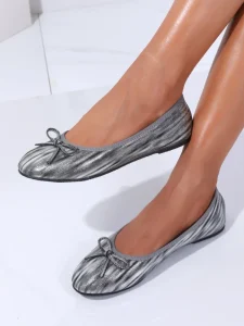Elegant PU Leather Metallic Ballet Flats Women’s Round Toe Bow Slip On Flat Shoes for Everyday