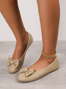 Elegant Pearl Bow Decor Ballet Flats Women Soft Sole Leather Flat Pumps Casual Daily Wear Slip on Dress Shoes