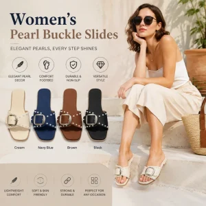Elegant Pearl Buckle Women Slide Slipper TPR With PU Flat Slides Summer Fashion Ladies Beach Shoes Factory