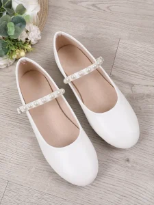 Elegant Pearl Decor Mary Jane Flat Shoes White Soft PU Round Toe Women Daily Wedding Bridesmaid Comfort Ballet Flats