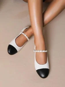 Elegant Pearl Mary Jane Ballet Flats Black White Patchwork Adjustable Buckle Strap Ladies Office Shoes