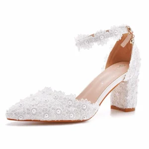 Elegant Pearl Temperament Ladies Wedding Shoes Solid Colour Sexy Lace Ladies Bridal Shoes Banquet Women’s High Heel Party Shoes