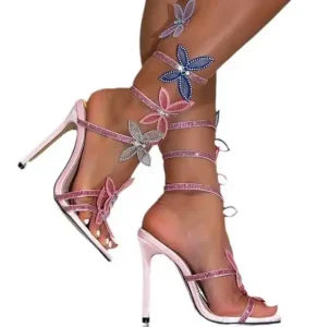 Elegant Pink Cherry Blossom Bow Women’s Dress High Heels Summer Rubber Insoles Ankle Strap Sweet Cross Tie