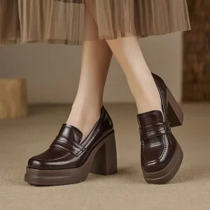 Elegant Platform Loafers Autumn High Quality Real Leather Shoes Round Toe Slip-On Chunky High Heels Women Pumps New
