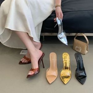 Elegant Pointed toe Ultra high heeled Mules Women’s Summer Outdoor Sexy Transparent Strap Sandals 9cm
