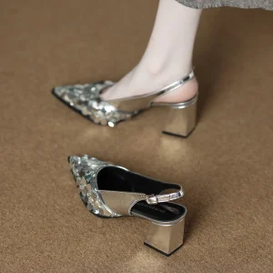 Elegant Sequin Pointed Toe Fashionable High Heels Buckle Strap 5-8cm Heel Silver Women’s Summer Dress Matching Closed-Toe