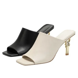 Elegant Sexy Women’s Square Toe Open Toe Knot Heel Mules Barefoot Anti-Slip Minimalist Slide Sandals with Gold Artistic Heel