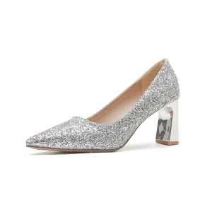 Elegant Shiny Slip On Bridal Women’s Wedding Shoes Square Heel Pointed Toe Winter & Spring Summer Styles