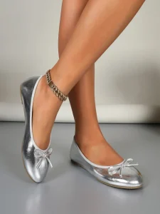 Elegant Silver Bow Ballet Flats for Women Soft Sole Round Toe Slip On Casual & Dress Flat Shoes