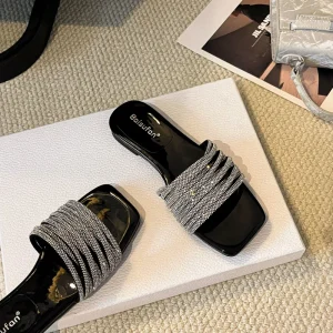 Elegant Silver Rhinestone Strappy Sandals Women’s Summer Trend Lightweight Open Exposed Suede Outdoor