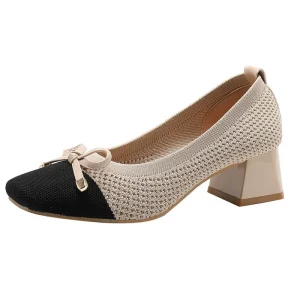 Elegant Square Head High Heels, Thick Heels, Pearl Bow, Breathable Middle Heel Single Shoes for Women