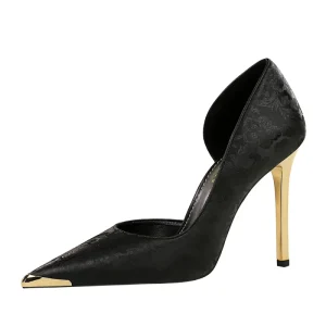 Elegant Summer Banquet Women’s Satin Pointed Toe Pumps High Heels Stiletto Wedding Dress Shoes with Sexy Thin Heels Side Metal