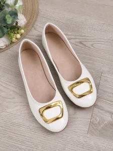 Elegant Toe Ladies Ballet Flats Shiny PU Upper Big Gold Ornament White Gold Two Colors Low Spring Summer Autumn Flat