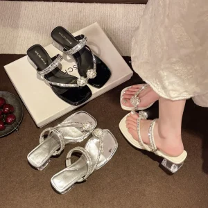Elegant Wedding Shoes Women’s Rhinestone Heeled Sandals with Two Toe Clip Straight Strap
