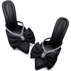 Elegant Wedding Women’s Office Mules Slip-on Summer Breathable Thin Heels Satin Backless Bow Pointed Closed Toe