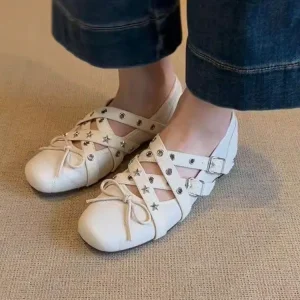 Elegant Women Round Toe Flats Cross Strap Star Decor Buckle Shoes Casual Daily Footwear for Ladies