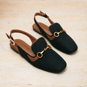 Elegant Women Square Toe Slingback Loafers Metal Buckle Flat Casual Shoes Breathable Fabric Daily Wear Sandals