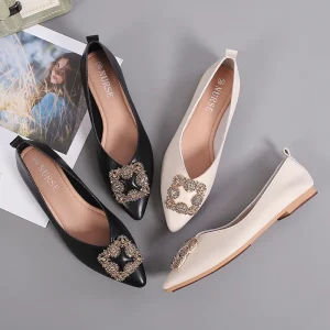 Elegant Women’s Gloss Low Heel Fashion Flats Square Buckle PU Women Shoes Leather