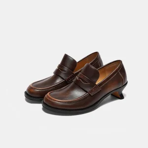 Elegant Women’s Moccasin Loafer Style Office Pump Slip On Kitten Heels Anti Slip High Brushed Leather Height Increasing Summer