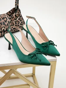 Elegant Women’s Satin Pointed Toe Slingback Stiletto Pumps Bow Decor High Heels Wedding Party Prom Dress Shoes for Ladies