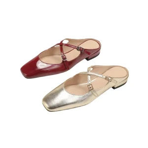 Elegant Women’s Square Toe Criss-Cross Strap Backless Mules Flat Slide Loafers Mary Janes Fashion Trend Breathable Anti-Slippery