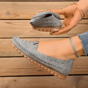 Embroidered Perforated Grey Loafers Shoes for Women Plus Size Fashion Slip On Flat Shoes Soft Sole Casual Shoes