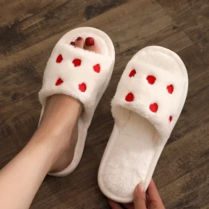 Embroidered Slippers Women Valentine’s Day Gift Home Indoor Floor Slip Resistant Fluffy Plush Slippers Closed Toe Four Use