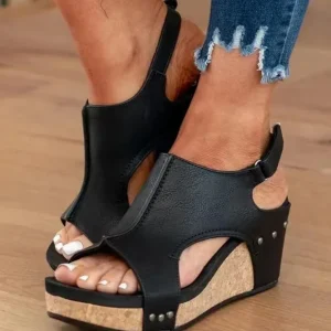 European American Cross border Direct Supply Summer Women’s Wedge Peep Toe Thick Soled Velcro Closure Sandals Large Size
