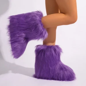 European American Cross border Imitation Fox Fur Plush Mid Calf Snow Boots Warm Fluffy Y2K Sexy Women’s Durable Rubber Outsole