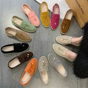 European American Plus Size Loafers Women’s Slip-on Lazy Shoes British Style All-match Suede Flat Breathable Wear-Resistant