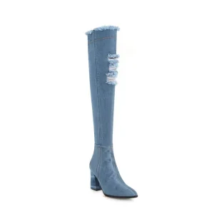 European American Style Autumn Winter Women’s Over the Knee Boots with Pointed Toe Chunky Heel High Heel Large Size 40 43 Denim
