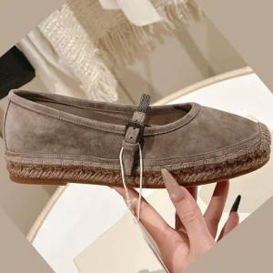 European American Style Handmade Bead Chain One-Strap Shallow Mouth Fisherman Women’s Canvas Loafers Flat