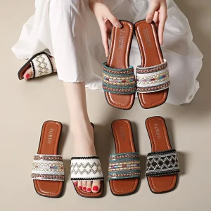 European American Style Low Heel Slides Casual Women’s Style Bohemian Open Toe Flat Sandals Summer Lightweight