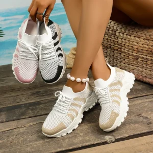 European American Style Sports Leisure Women’s Autumn Fly Woven Mesh Surface Breathable Comfortable Height Running Shoes