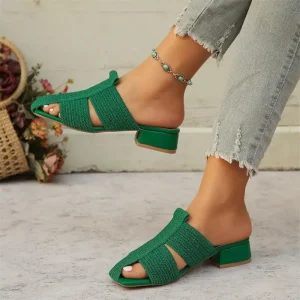 European American Style Square Head Women’s Outdoor Summer Sandals Thick Heel Rubber Outsole Large Size Flying Woven Foreign