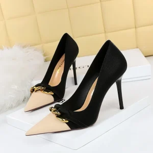 European American Style Summer Slip On High Heels Slim Heels Light Cut Color Blocked Pointed Toe Women’s Shoes Metal Chain