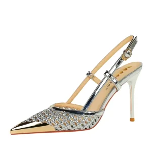 European American Style Women’s High-End Summer Sandals 2727-1 Hollow Woven Thin Heel Metal Pointed High Heel Rubber