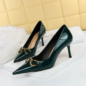 European American Women’s Autumn Office Shoes Super High Stiletto Heel Glossy Patent Leather Low-Cut Pointed-Toe OL Metal Belt